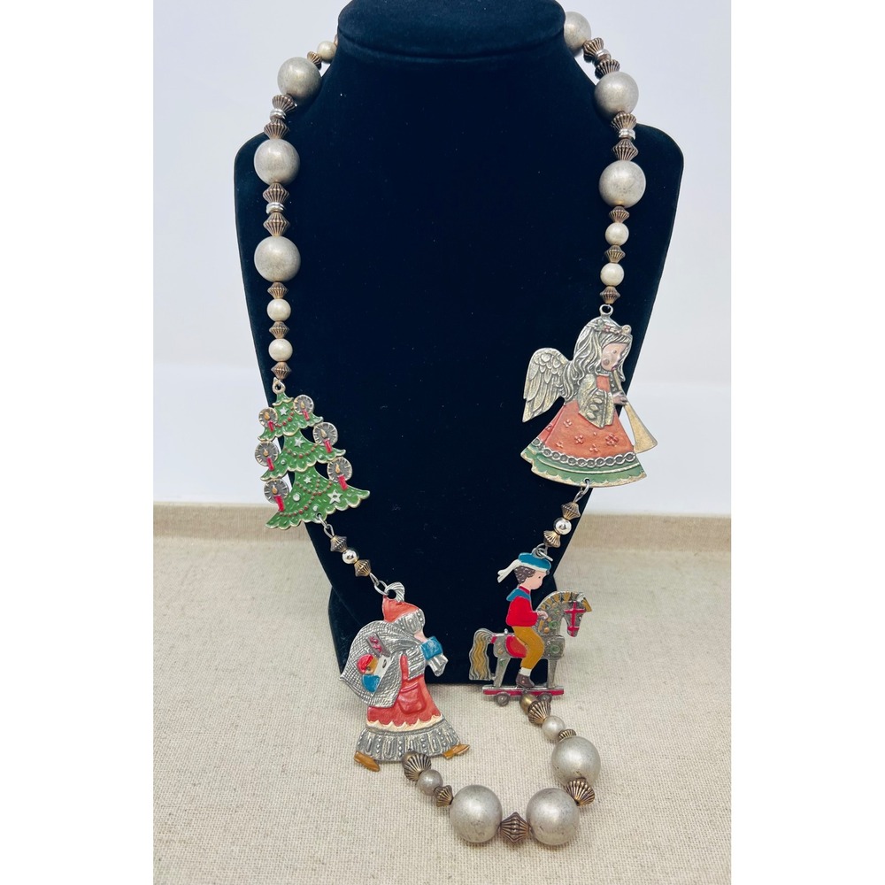 vintage Kuhn Zinn Hand-Painted pewter Christmas Pendant Necklace Made In Germany
